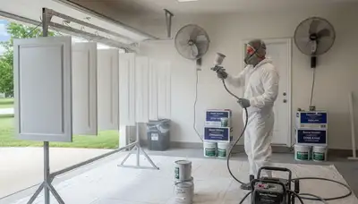 Professional cabinet painting process in Olathe, KS showing smooth spray finish for kitchen refinishing