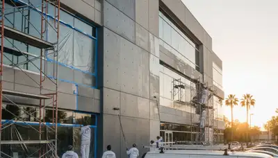 Professional commercial painters finishing office exterior in Olathe, KS for paintingolatheks.com