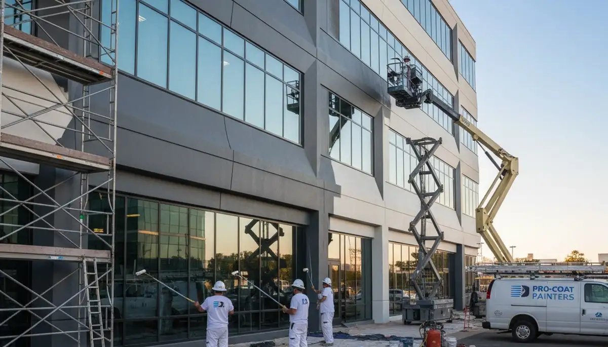 Professional commercial painters finishing office exterior in Olathe, KS