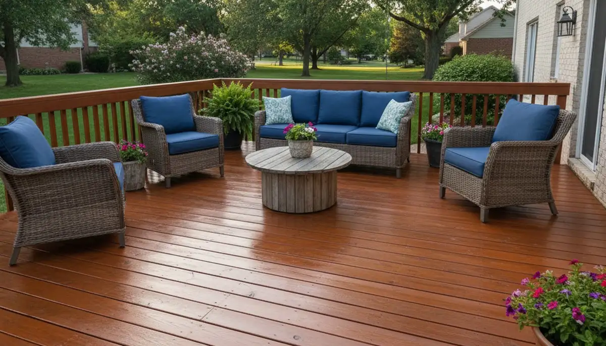 Finished deck staining in Olathe KS showing rich wood color and weather-protective professional finish