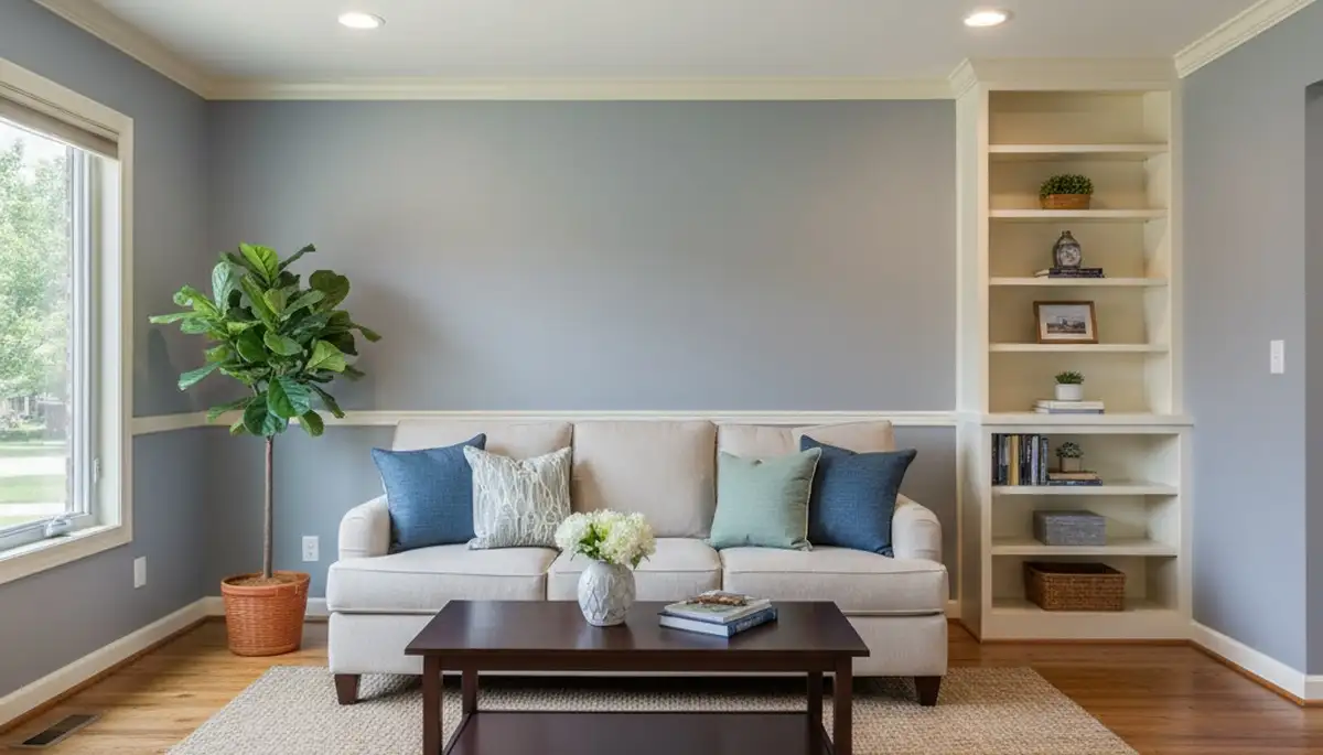 Freshly painted Olathe KS living room with smooth, professional interior finishes by local house painters
