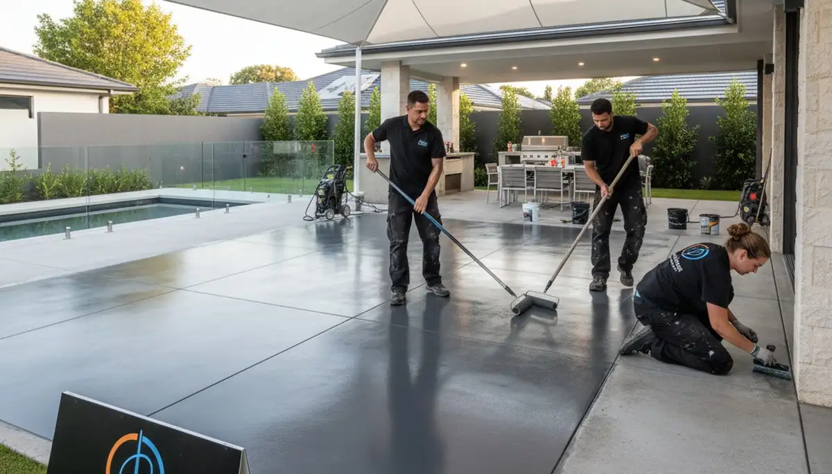 Professional concrete staining on Olathe KS patio with durable, weather-resistant floor coating
