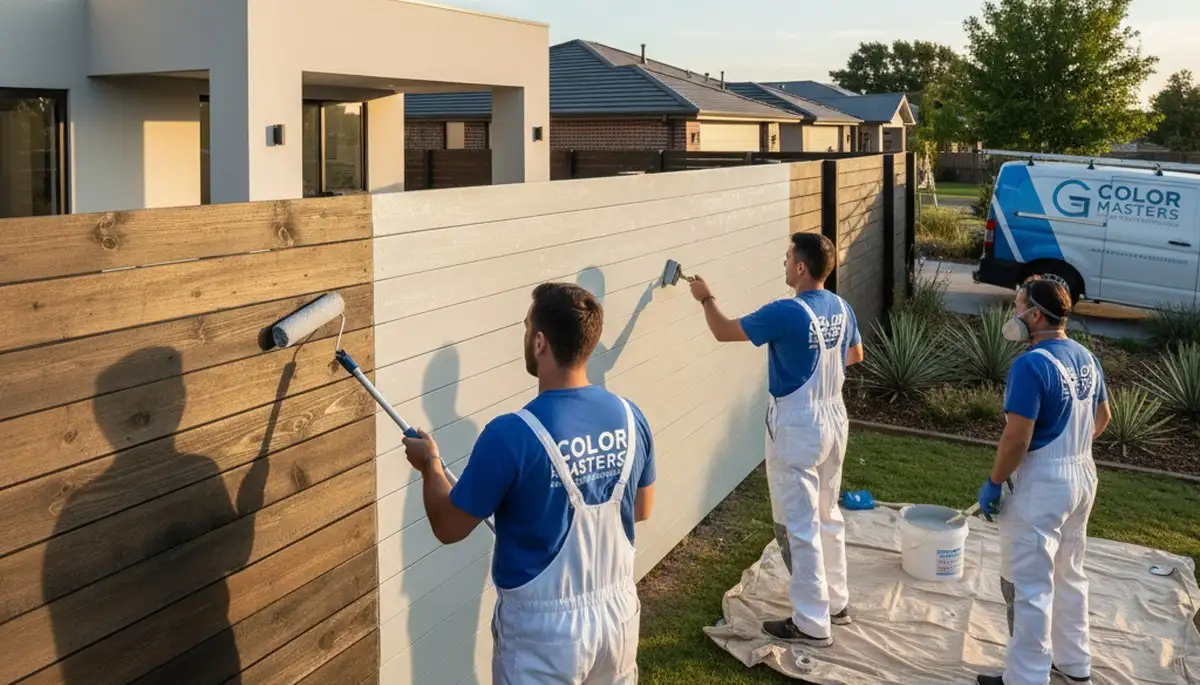 Professional fence painters applying durable exterior paint in Olathe, KS backyard