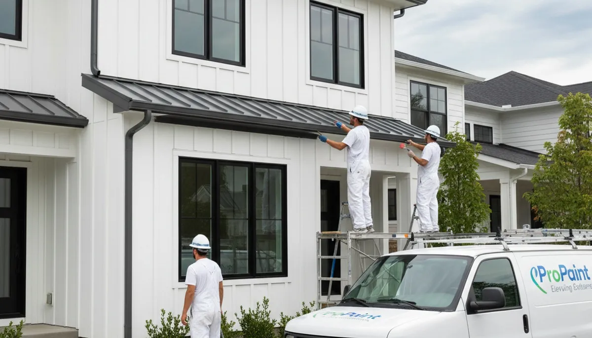 Professional painters providing gutter painting services on a home exterior in Olathe, KS
