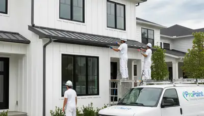 Professional painters providing gutter painting services on a home exterior in Olathe, KS