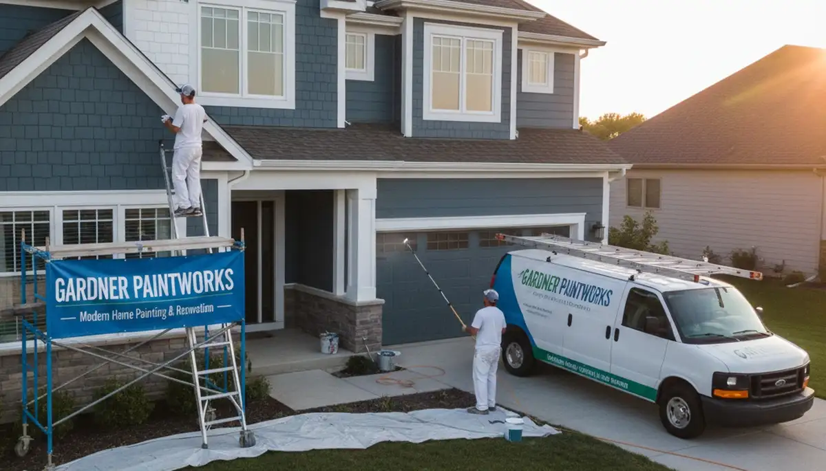 Professional house painters in Olathe KS applying exterior paint to a suburban home