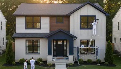 Professional house painters working on exterior home in Olathe KS