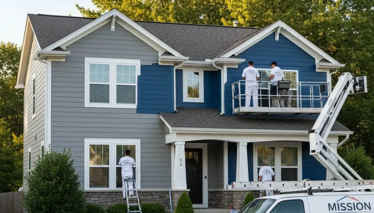Professional house painters in Olathe KS applying exterior paint to a residential home façade