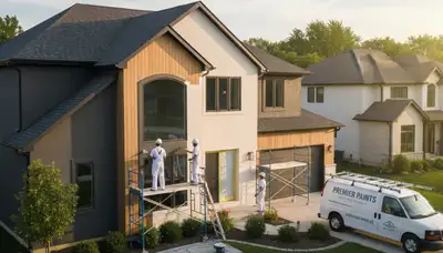 Professional house painters finishing exterior home project in Olathe, KS