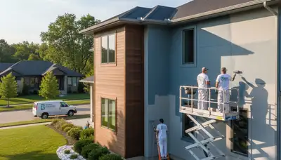 Professional house painters working on exterior home repaint in Olathe KS