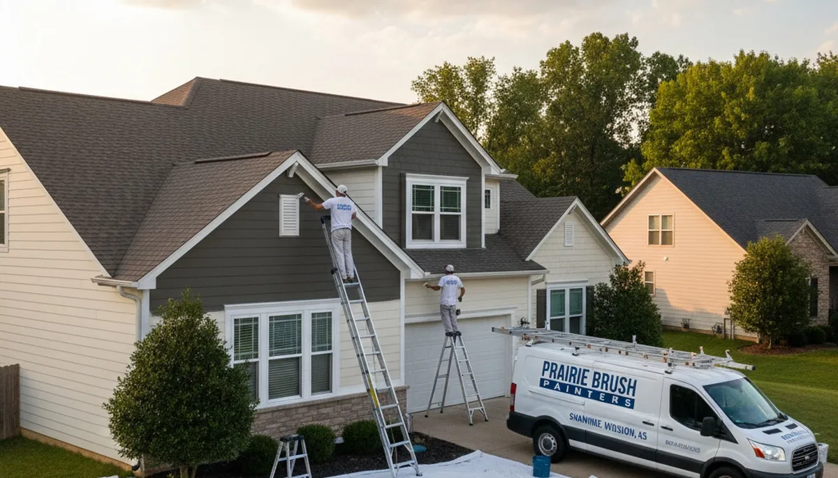 Professional house painters working on residential exterior in Olathe KS by paintingolatheks.com