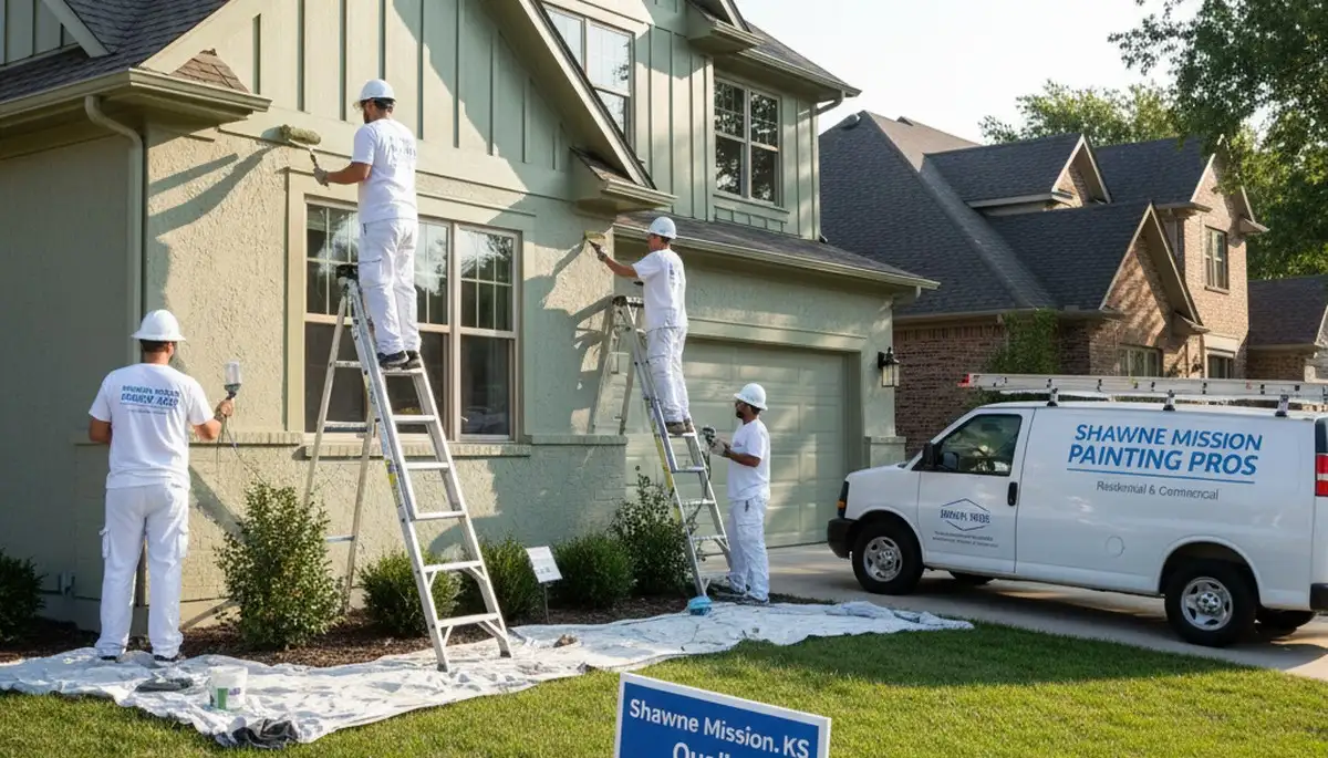 Professional house painters finishing exterior home in Olathe KS