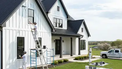 Professional house painters finishing exterior home project in Olathe, KS