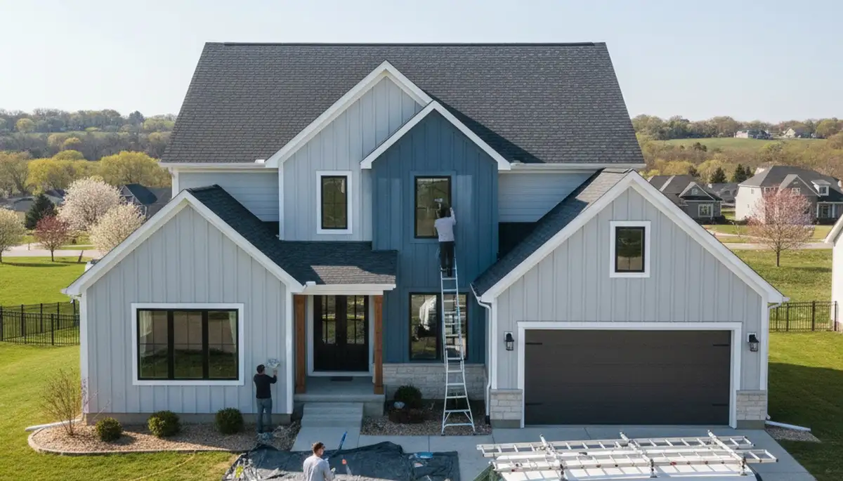Professional house painters applying exterior paint to Olathe KS home by paintingolatheks.com