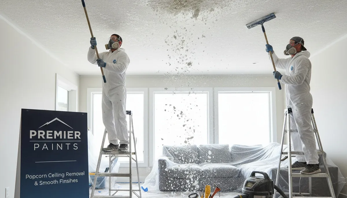 Popcorn ceiling removal in Olathe, KS home by professional painting crew creating smooth modern finish