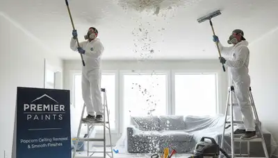 Popcorn ceiling removal in Olathe, KS home by professional painting crew creating smooth modern finish