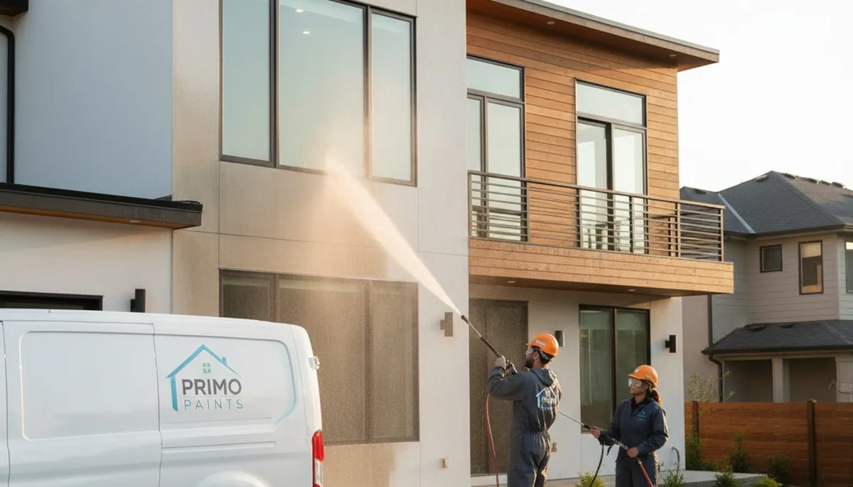 Professional pressure cleaning a home exterior in Olathe, KS for house washing and paint prep