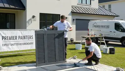 Professional painters refinishing house shutters in Olathe, KS for durable, weather-resistant curb appeal
