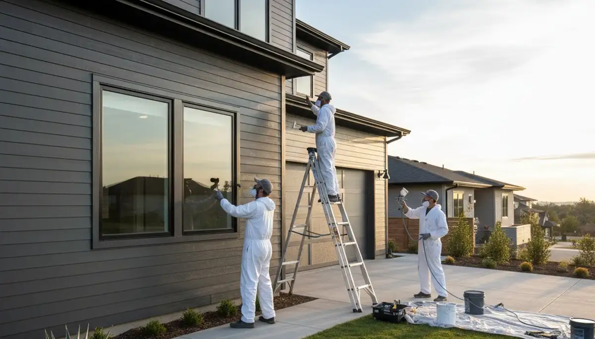 Professional siding painting on a two-story home in Olathe, KS by expert house painters
