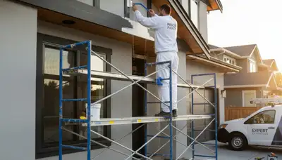Professional trim and fascia painting on Olathe KS home exterior by expert house painters