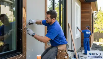 Painter repairing wood rot on home siding in Olathe, KS with professional restoration tools